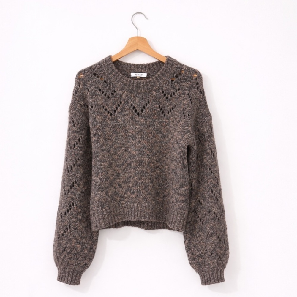 Madewell Marled Gray Pointelle Sweater Balloon Sleeve Knit Pullover Size S - Picture 4 of 14